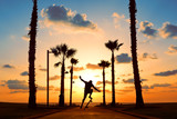 man jumping on skateboard near the ocean in sunset