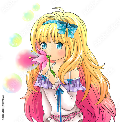 Plakat na zamówienie Cute fantasy girl is blowing bubbles from a flower, design in Ja