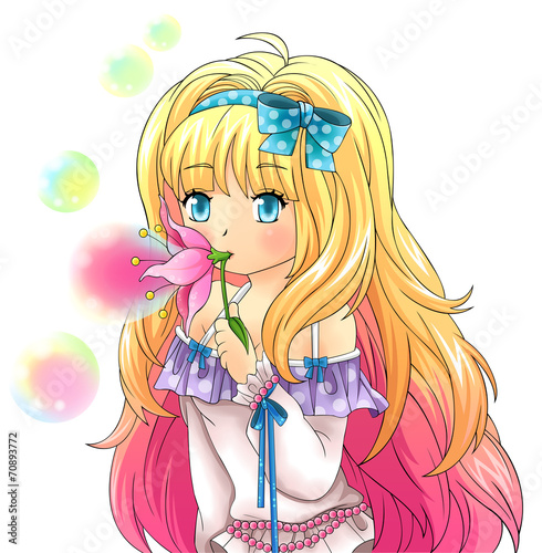 Fototapeta na wymiar Cute fantasy girl is blowing bubbles from a flower, design in Ja