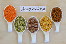 Happy Cooking Card With Selection Of Pulses On Porcelain Spoons