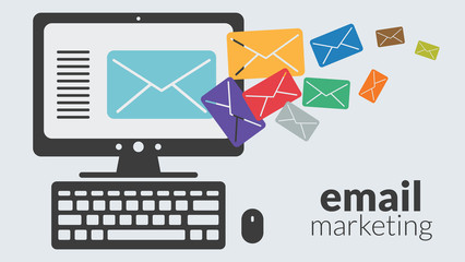 Business computer with email marketing. Vector advertising