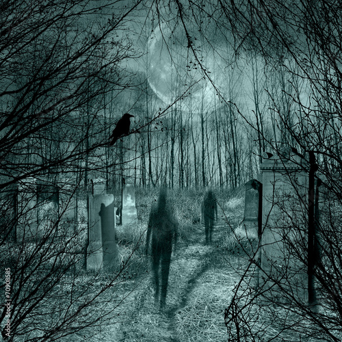 Ghosts come out of the graves in the old cemetery with full moon Poster