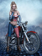 Dziewczyna w amerykańskim stroju stojąca przy motorze