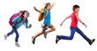 group of happy school children or travelers running together