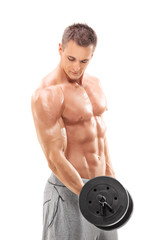 Wall Mural - Handsome shirtless man exercising with a barbell