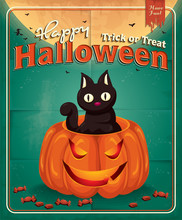 Vintage Halloween Poster Design With Pumpkin & Cat