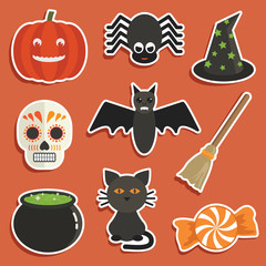 Poster - Halloween stickers vector clipart pumpkin spider bat broom cat cauldron candy skull hat on orange background