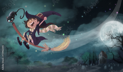 Fotografía bruja volando en Halloween
