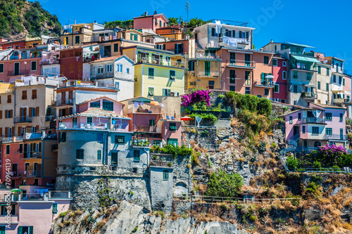 Fotografie, Obraz Village of Manarola with ferry, Cinque Terre, Italy