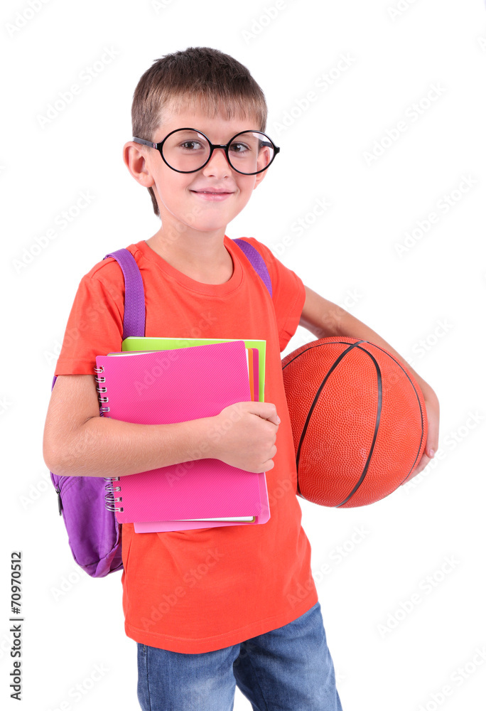 Little schoolboy isolated on white
