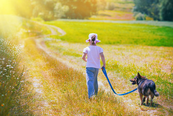 Wall Mural - Little girl walking with dog at the meadow 