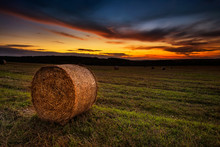 Landscape With A Field Full Of Hay Bales At Sunset