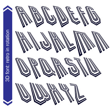 Geometric retro style graphic font in rotation, vector alphabet.