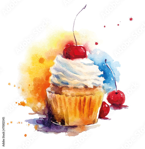 Naklejka ścienna Hand painted watercolor cherry muffin. Vector illustration.