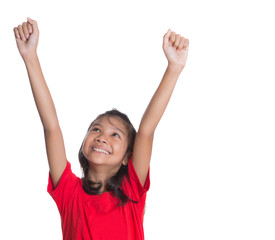 young asian girl raising her hands over white background