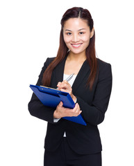 Poster - Businesswoman write on clipboard