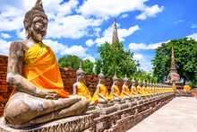 Thailand, Row Of Buddha Images In Ayutthaya Old Temple