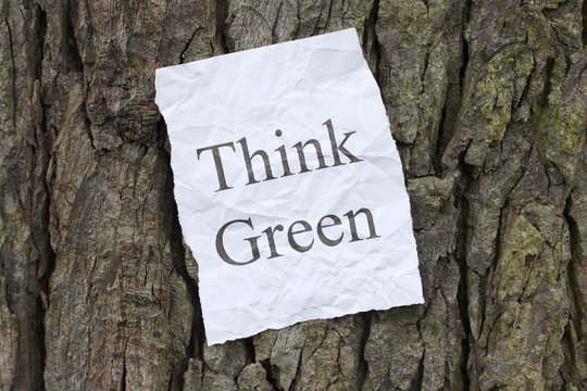 A message to Think Green posted on the bark of a tree