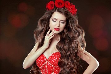 Long wavy Hair. Makeup. Beautiful Woman with chaplet of roses. B