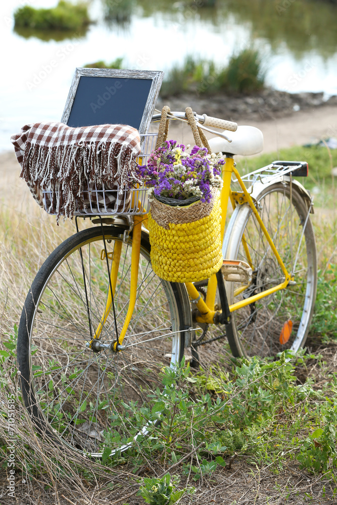 Bicycle with basket of flowers in meadow during sunset