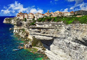 Poster - panorama of Bonifacio, old town at sea cliff, Corsica - France