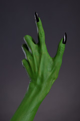 Poster - Green witch hand with black nails, real body-art