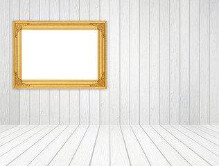 blank golden frame in room with white wood wall and wood floor