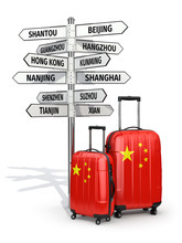 Travel Concept. Suitcases And Signpost What To Visit In China.