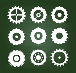 Wall Mural - Cog Wheels Icons Set On Green Chalkboard