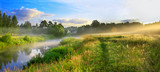 Fototapeta Natura - panorama of a summer landscape with sunrise, fog and the river