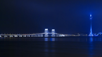 Wall Mural - Macau Tower and Sai Van Bridge at Night. View from the Taipa.