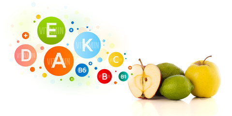 Wall Mural - Healthy fruits with colorful vitamin symbols and icons