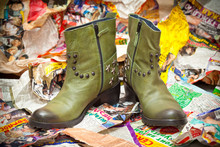 Women's Green Leather Boots. Grunge Style. Autumn - Spring Shoes