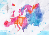 Fototapeta Mapy - Watercolor Europe map pink blue