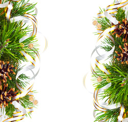 Christmas fir branch with pine cones, gold streamers and stars o