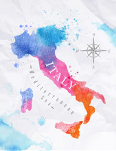 Watercolor Map Italy Pink Blue