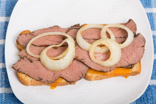 Fotografie, Obraz Rare Roast Beef and Sliced Onion Sandwich on White Plate