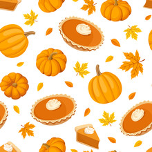 Seamless Pattern With Pumpkin Pies And Pumpkins. Vector.