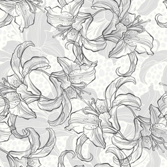 Wall Mural - Monochrome seamless pattern with lilies.