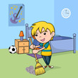 Child cleaning the bedroom, vector illustration