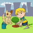 Child planting a tree, dog and kid environmental