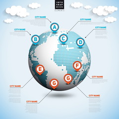 World map globe with pointer marks, infographics communication c