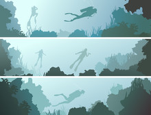 Set Horizontal Banners Of Divers Under Water.