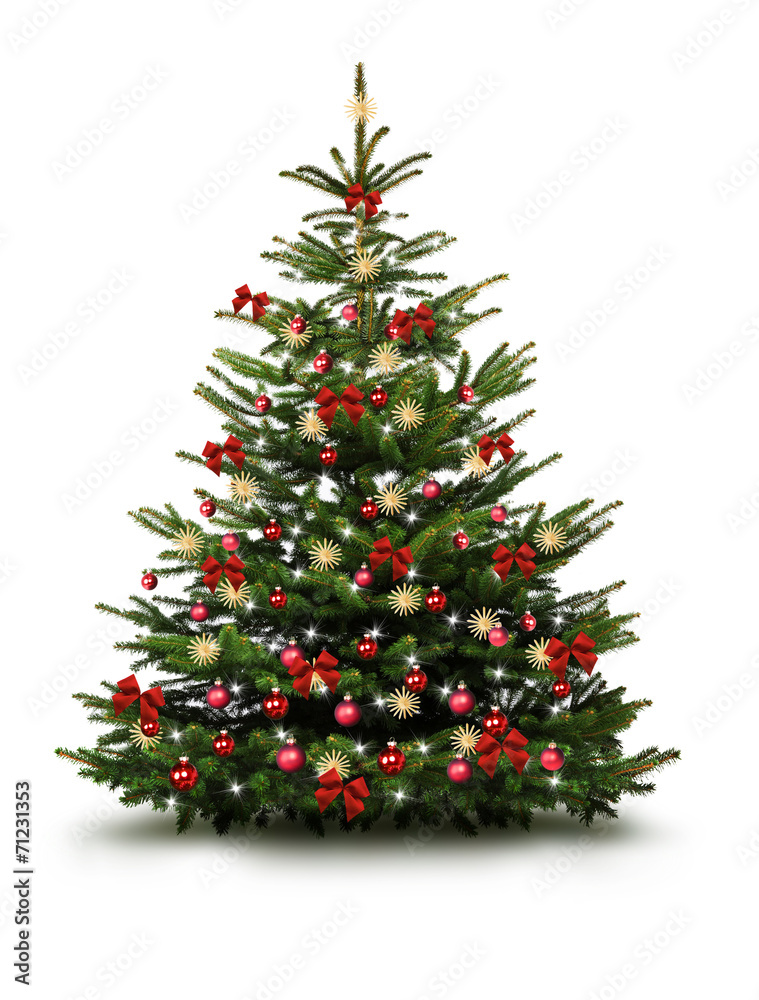 Stock-Foto „Christbaum mit Roten Kugeln, Schleifen, und Strohsternen“