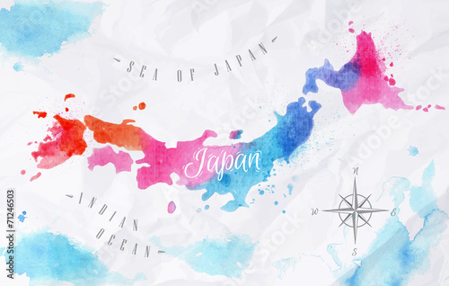 Fotomural Watercolor map Japan pink blue