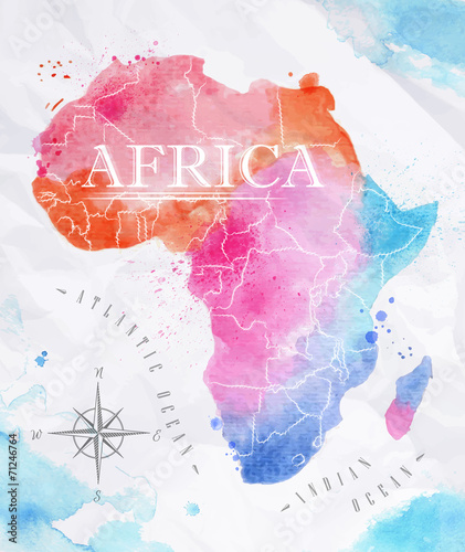 Cuadros en Lienzo Watercolor map Africa pink blue