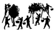 Silhouettes of people harvesting fruit with baskets