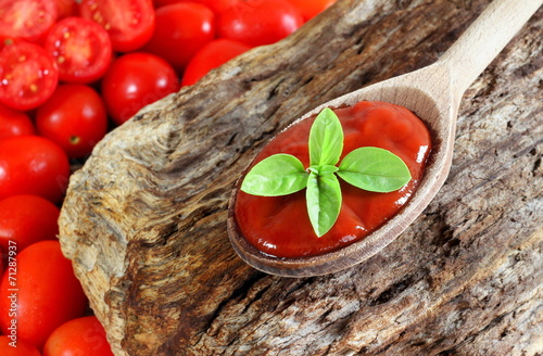 Fotografía Salsa di pomodoro Do Cucchiaio di legno rustico