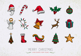 Wall Mural - Colorful Vintage Christmas icons set