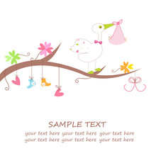 Baby Arrival Card With Hearts, Flower, Clothes And Stork